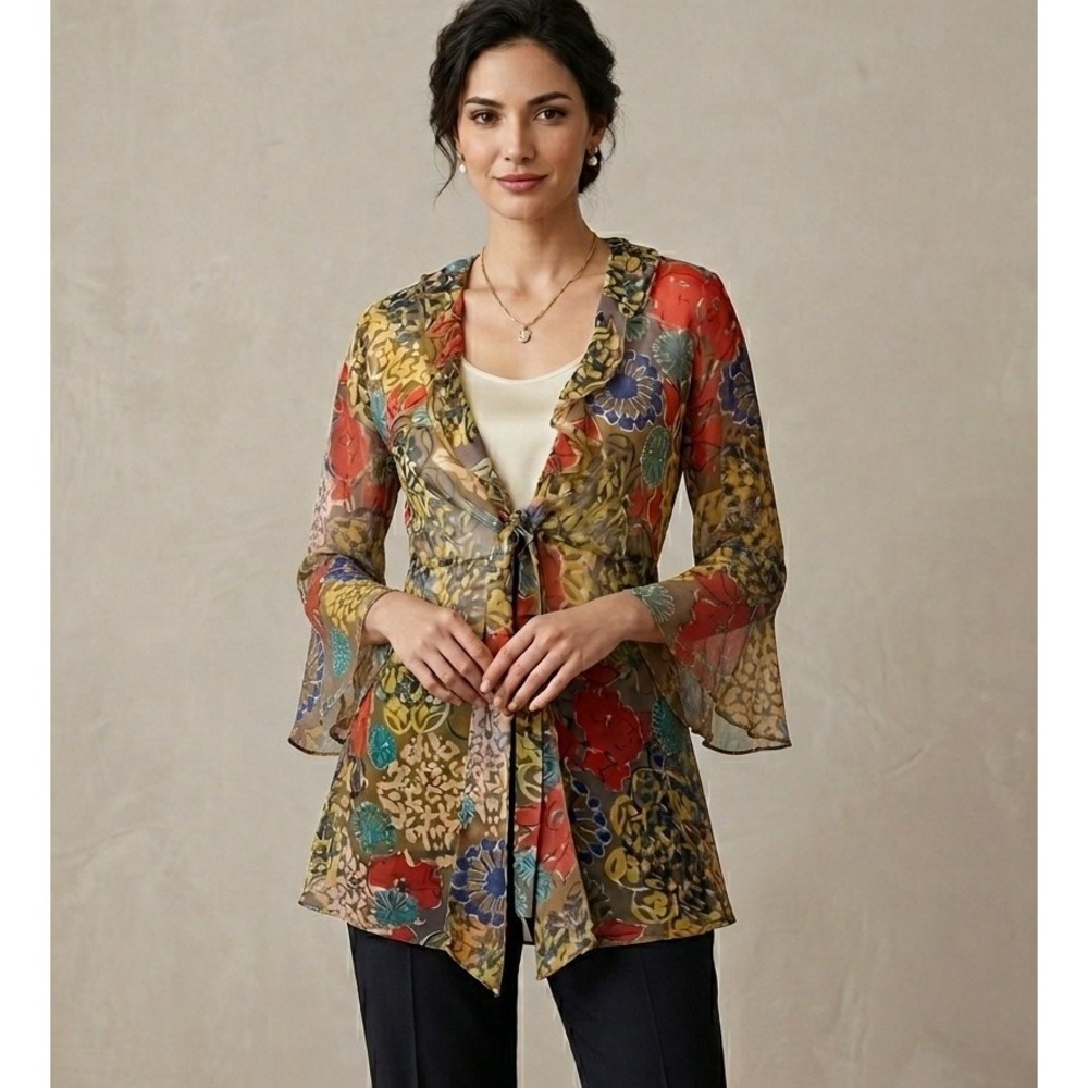 CAbi 360 XS Shakespeare Sheer Tie-Front Floral Open Kimono Bell Sleeves Ruffle